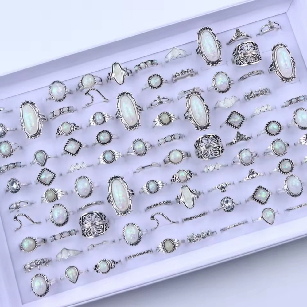 Boho Vintage Style Glass Opal Rings